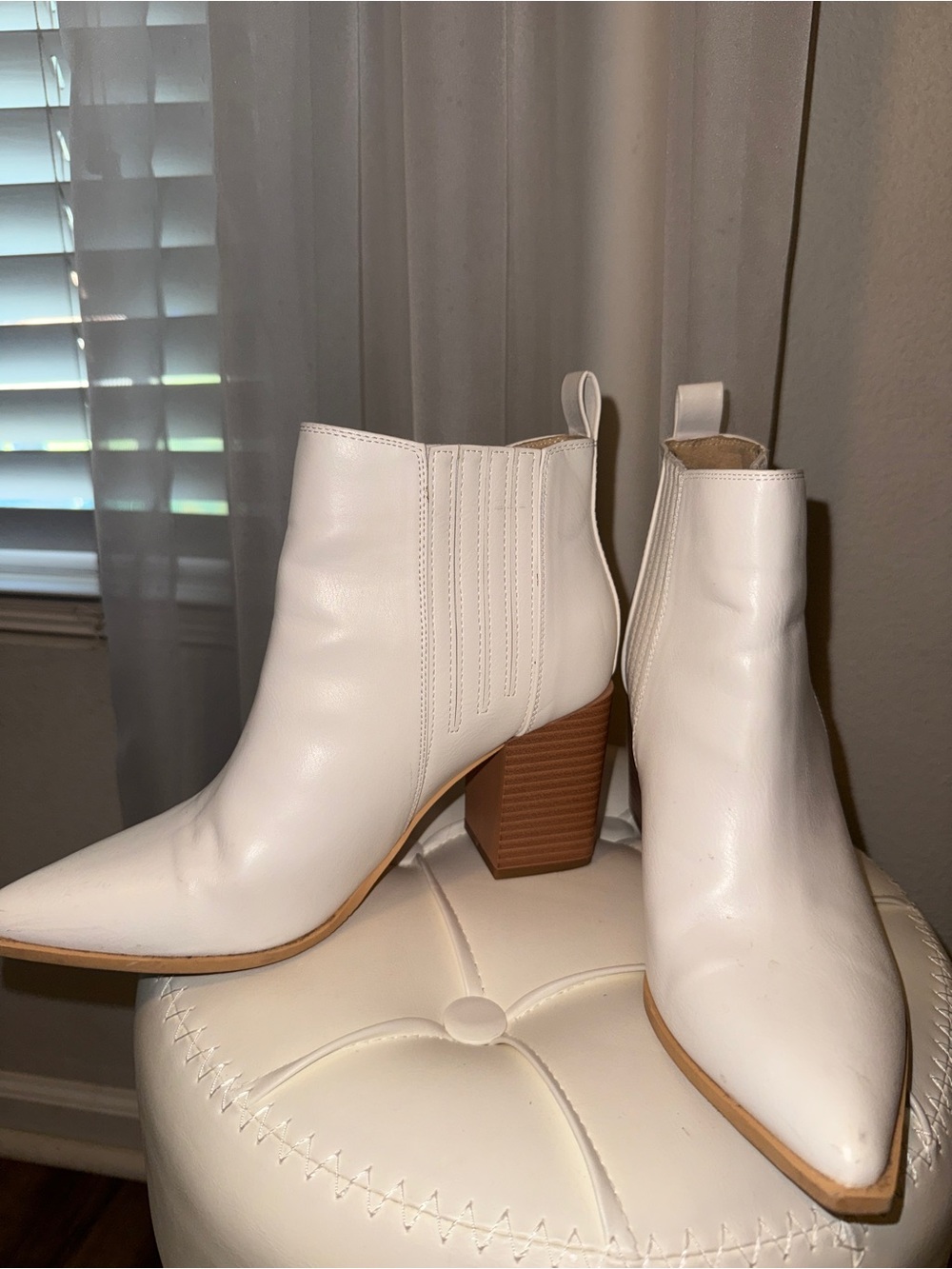 White Pointed-Toe Block Heel Ankle Boots